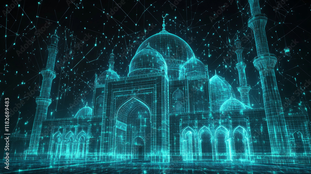 Poster a hologram of a mosque. a muslim mosque made of polygons, triangles of dots and lines. mosque is a l