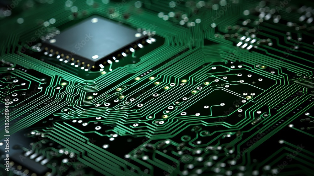 Aufkleber exploring the intricate design of a green circuit board in detail. generative ai