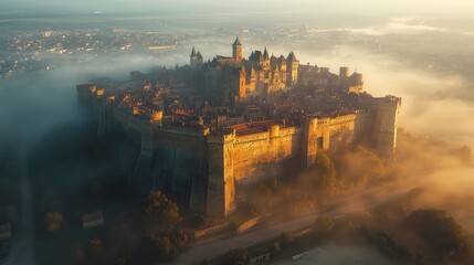 Naklejka premium Majestic Castle Enveloped in Morning Mist Over a Town