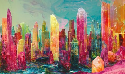 image captures vibrant cityscape with abstract forms representing overpopulation, evoking sense of urgency and reflection