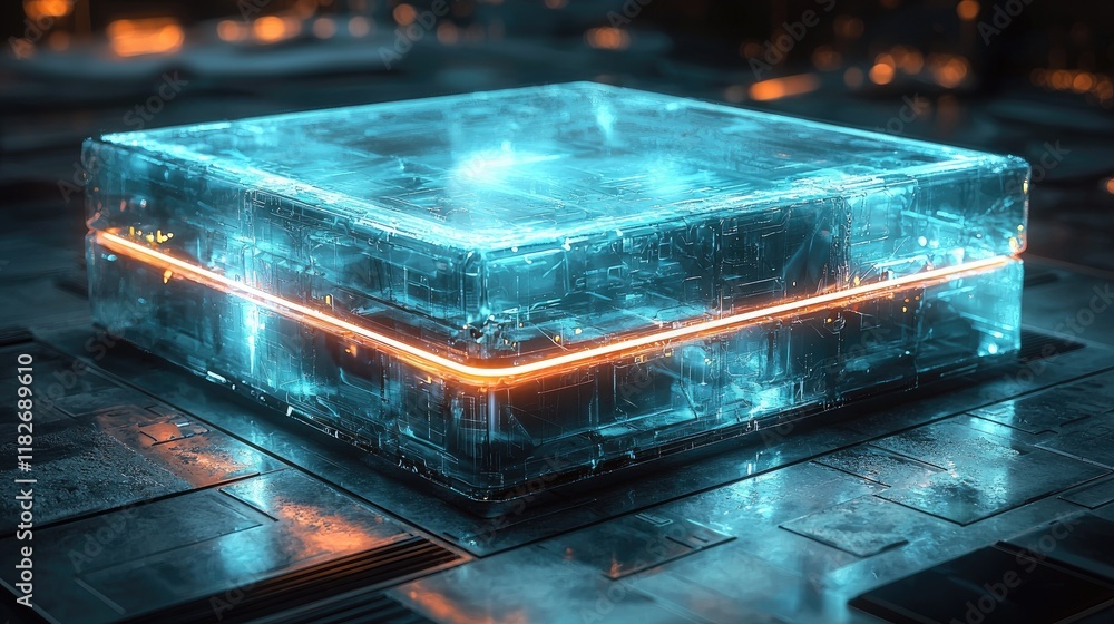 Poster luminous translucent cube glowing with internal circuitry