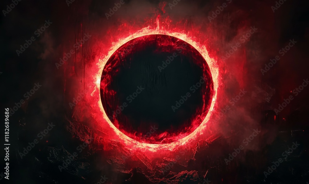 Poster red glowing lighted circle with a black center. the circle is lit up and surrounded by a dark backgr