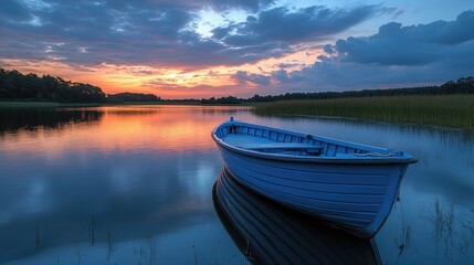 Serene Sunset Landscape With A Blue Rowboat On Calm Water