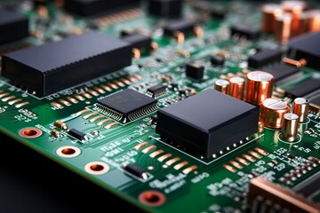 Exploring intricate designs of a circuit board at close range during daylight. Generative AI