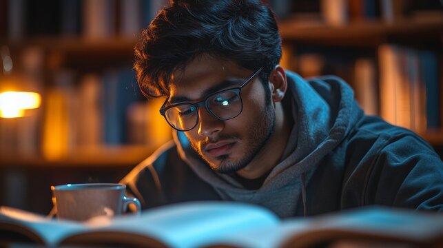 Focused Indian Student Studying in Softly Lit Room with Books and Warm Chai