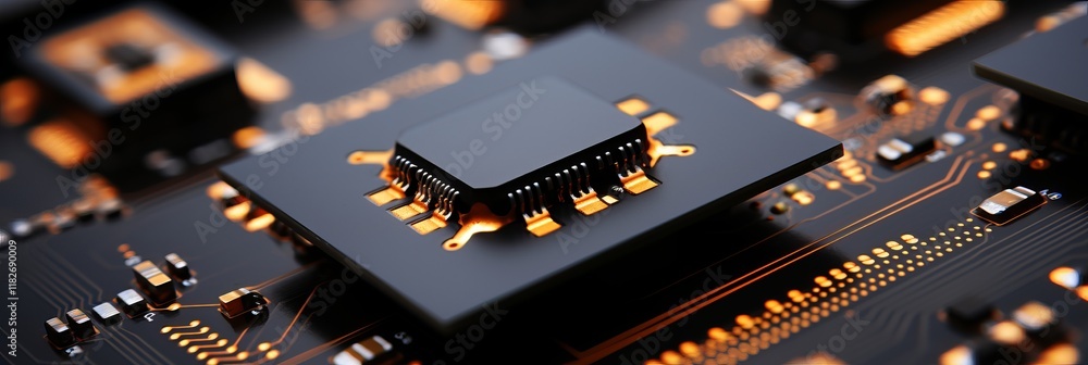 Poster exploring the intricate details of a microchip on a vibrant circuit board. generative ai