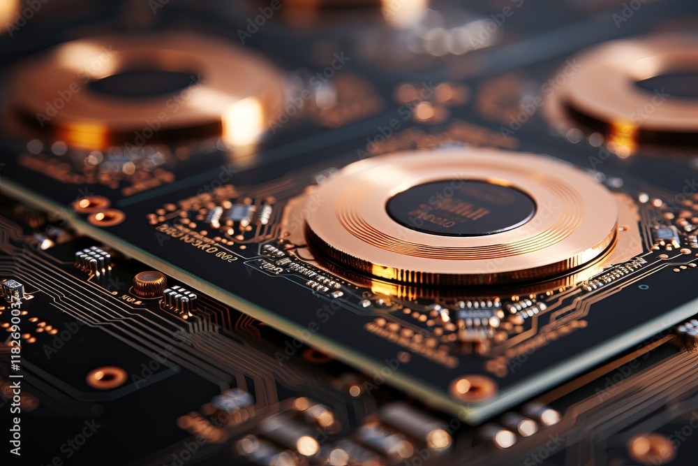 Aufkleber artful display of intricate circuit board design with copper accents. generative ai
