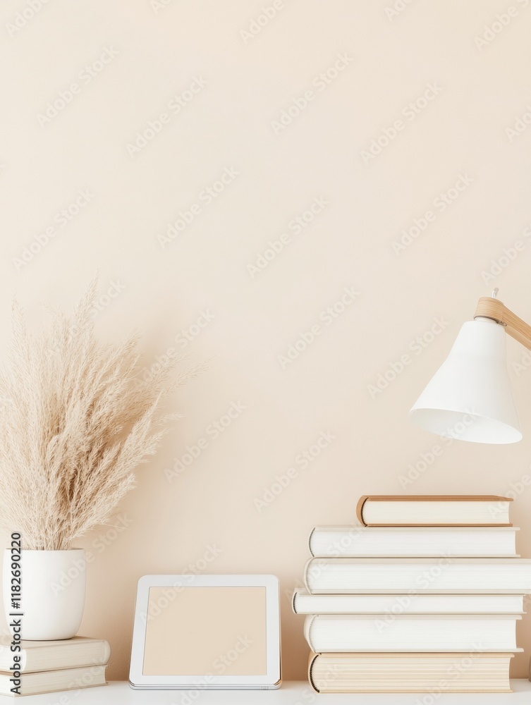 Poster minimalist study desk with tablet and books in soft light for academic focus