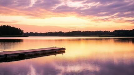 Serene Sunset Over a Calm Lake with a Wooden Dock - A Peaceful and Majestic Landscape Painting