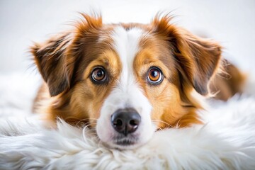 Fototapeta premium Adorable Dog Resting on White, Close-Up Macro Photography