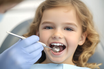 Happy kid getting dentist teeth check up using dental tools in a well-lit clinic. The setting features light neutral colors, emphasizing a welcoming atmosphere. Dental clinic promotion