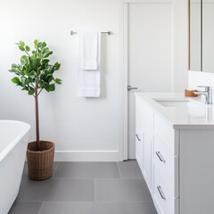 Fototapeta premium Bright white bathroom with eco-conscious design elements and soft gray flooring