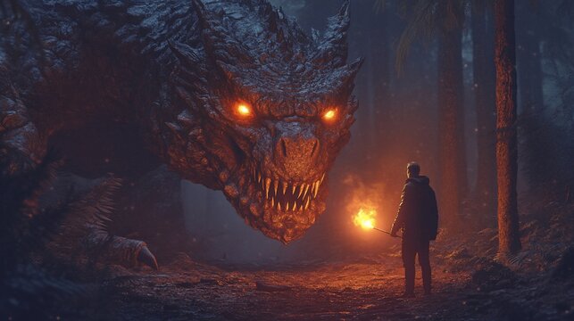 Man encounters a large, menacing dragon in a dark forest at night.