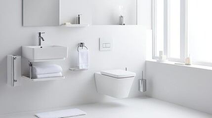 Bright white bathroom with innovative space-saving shelves and fixtures