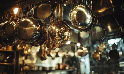 Kitchen with a lot of pots and pans hanging from the ceiling. The pots and pans are shiny and metallic