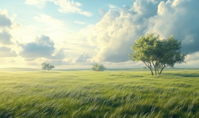 Large, open field with a few trees in the background. The sky is cloudy, but the sun is still shining through.