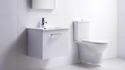 Fototapeta premium Bright white bathroom with glossy finishes and chrome hardware