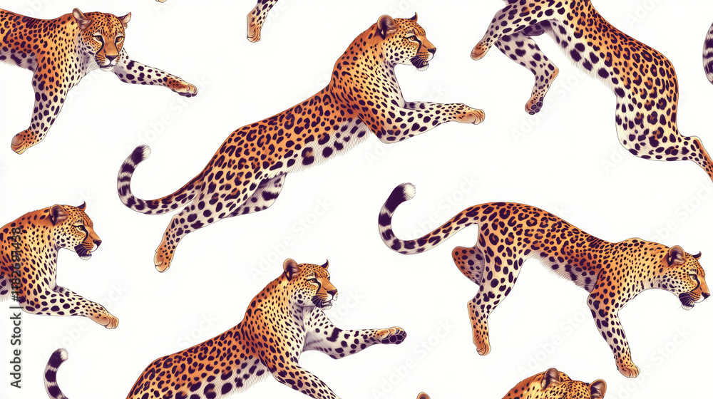 Poster vector seamless pattern of leopards. seamless texture of leopards in the jump