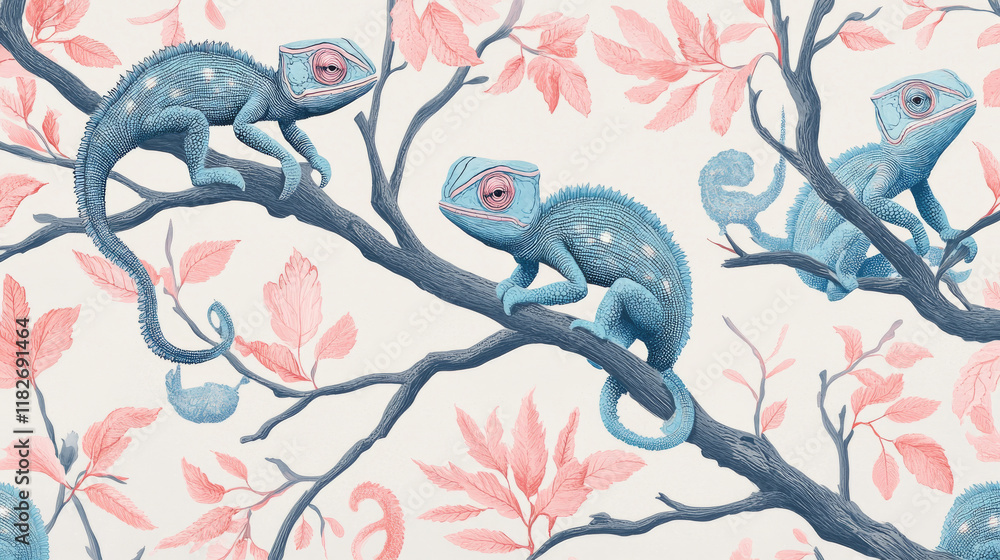 Poster vector seamless background of chameleons. chaotic chameleons on the branches