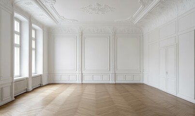 Fototapeta premium Room with white walls and a wooden floor. The room is empty and has a very clean and simple look