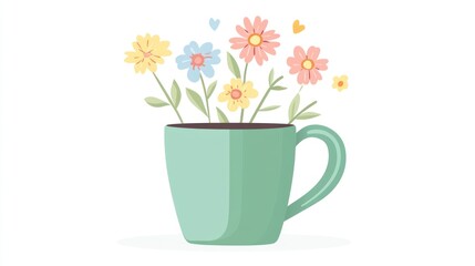 Pastel flowers in a teal mug; cheerful springtime; digital illustration