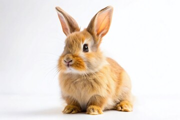 Adorable Fluffy Bunny Rabbit Sitting, White Background Stock Photo