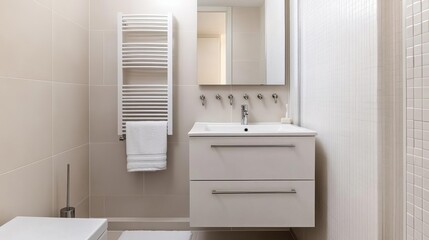 Obraz premium Compact bathroom in white with clever built-in towel racks and hooks