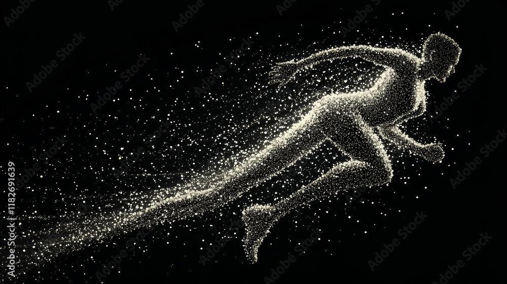 Poster runner consists of points. particles in the form of a runner on a dark background. vector illustrati