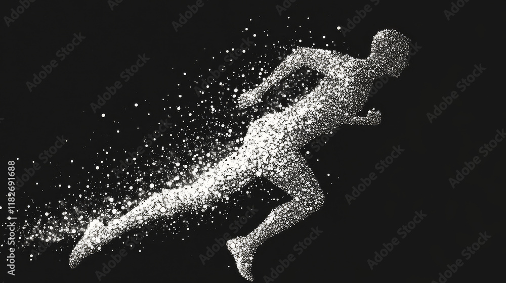 Poster runner consists of points. particles in the form of a runner on a dark background. vector illustrati