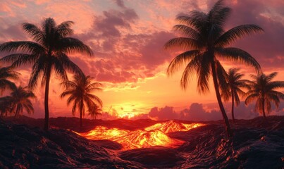 Lava flow over palm trees at sunset.