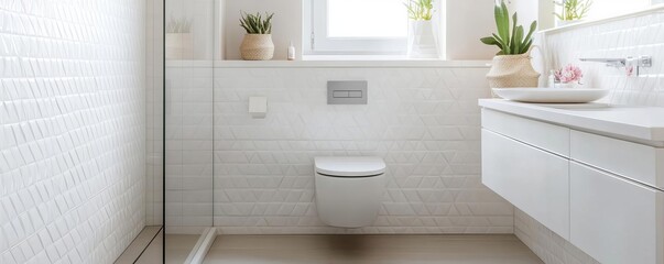 Compact white bathroom with geometric tiles and a floating toilet