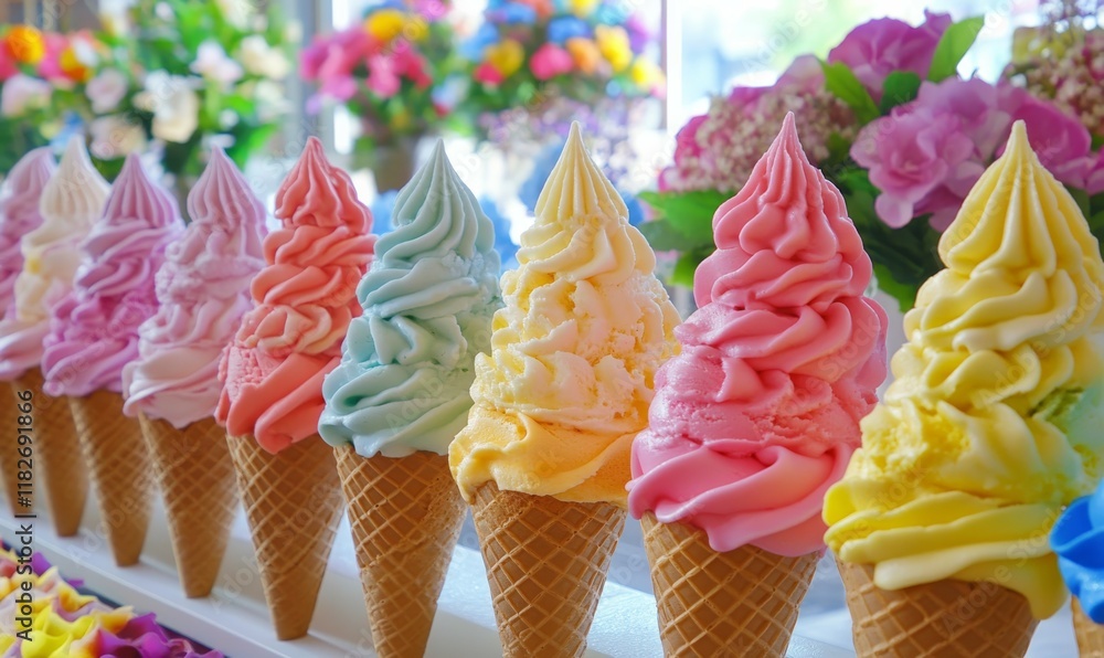 Aufkleber row of colorful ice cream cones with different colors of ice cream. the cones are arranged in a row 