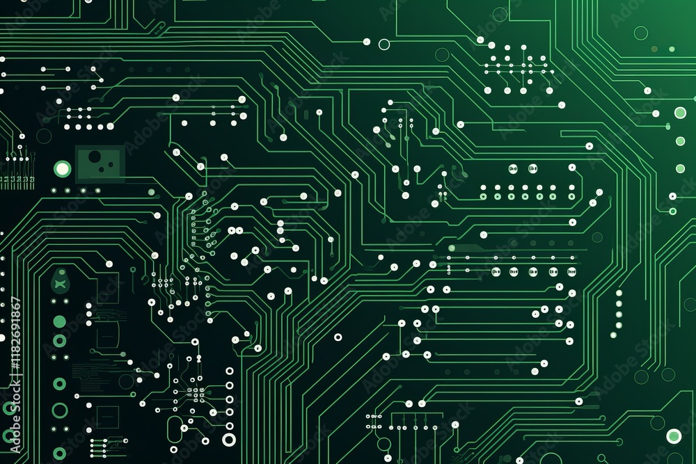 Poster exploring the intricate details of a circuit board in vibrant green hues. generative ai