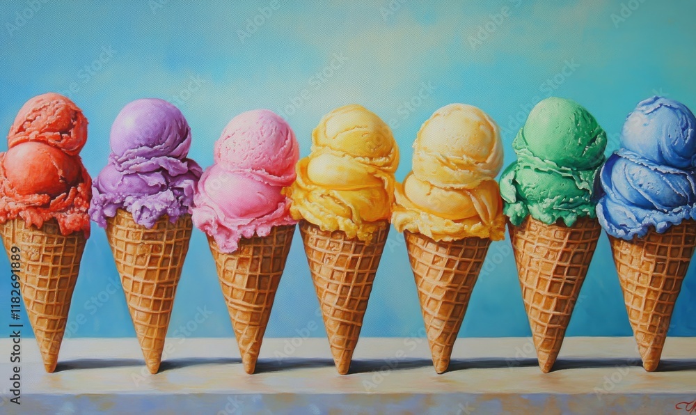 Aufkleber row of colorful ice cream cones with different colors of ice cream. the cones are arranged in a row 