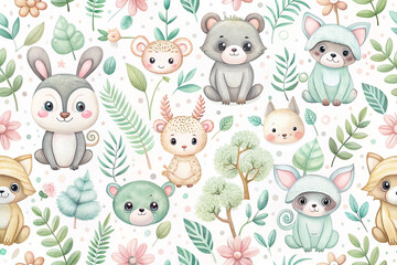 Naklejka premium Adorable watercolor woodland animals and plants seamless pattern.