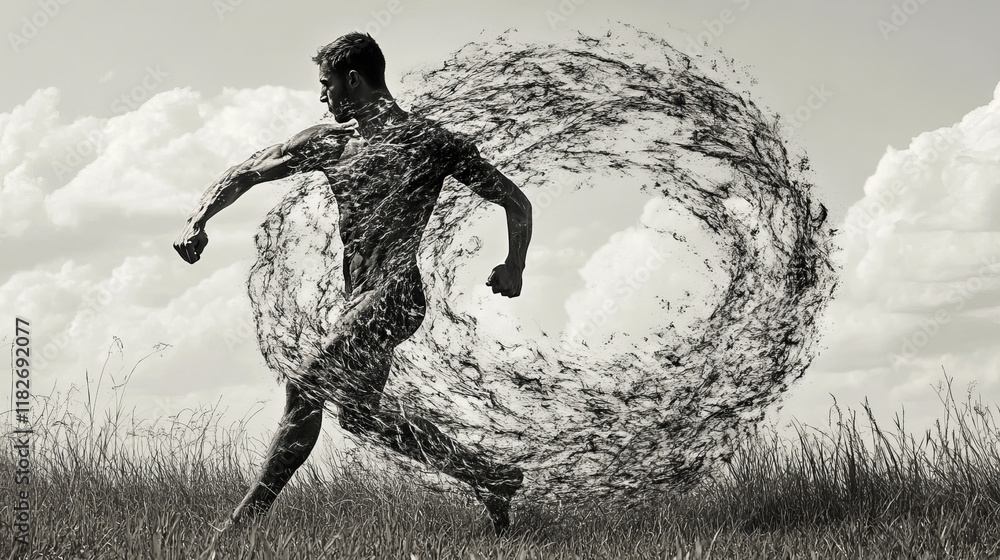 Poster runner of the particles. the man runs and the wind out of him pulling out pieces in the shape of a c