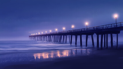 Obraz premium Dawn illumination on a long pier above the sea, beach, seafront. Seafrost. Illustration