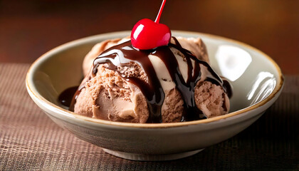 Close-up of decadent chocolate ice cream, generously drizzled with rich chocolate sauce and topped with a vibrant cherry.  Perfect for menus, food blogs, or dessert-themed advertising.