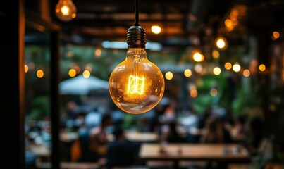 Light bulb hanging from a ceiling. The bulb is lit up and is the only source of light in the room