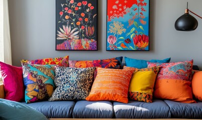 Living room with a couch and two colorful paintings on the wall. The couch is covered in pillows of various colors and patterns