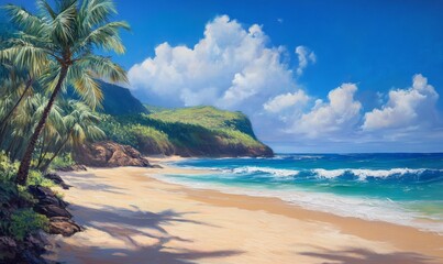 Sandy beach with palm trees and blue ocean.
