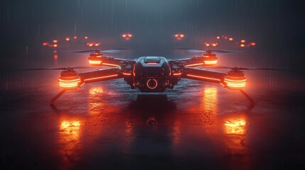 Futuristic Drone Swarm In Rainy Night Setting