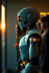 Futuristic humanoid robot standing among a diverse group of people in an urban setting, symbolizing the integration of robots into everyday society and human life
