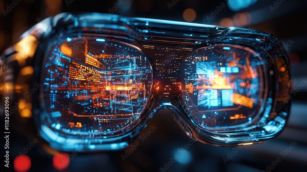 Poster futuristic glasses displaying cityscape data streams