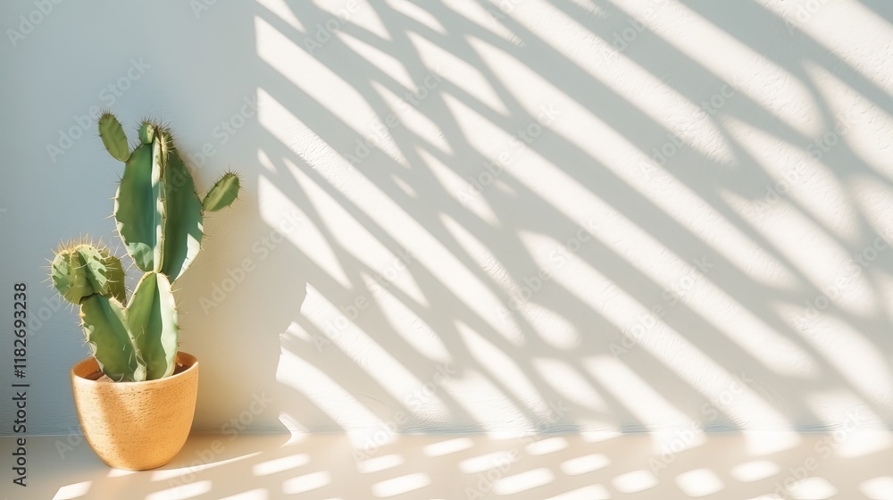 Poster cactus bathed in sunlight creates intricate shadow patterns on the wall. generative ai