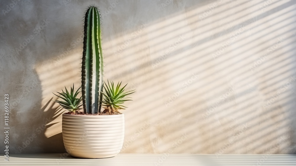 Poster cacti basking in sunlight while shadows create a pattern on textured wall. generative ai