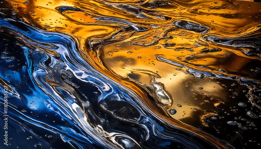 Poster abstract image of swirling gold and blue liquid, creating a dynamic and mesmerizing texture. perfect