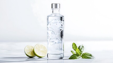 Clear bottle of water with ice, lime, and mint on marble surface.