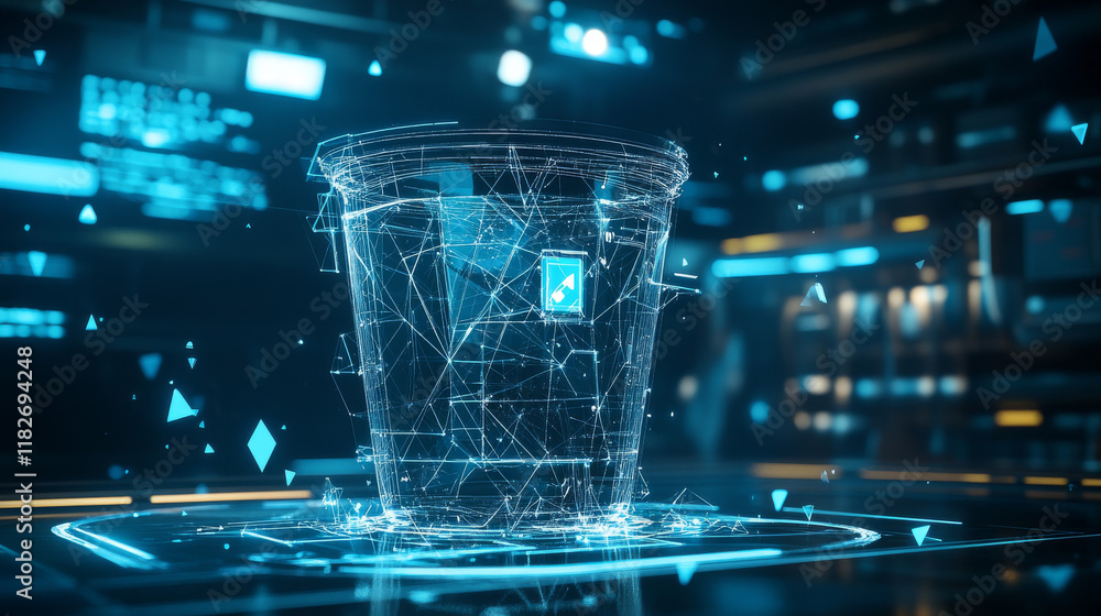 Poster hologram trash can. trash can made of polygons, triangles, dots, and lines. low-poly trash can struc