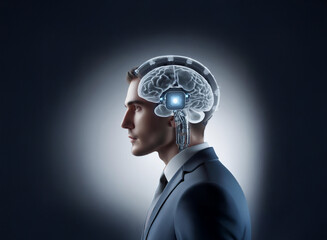 A profile view of a man in a suit, his head transparent, revealing a medical-looking implant within a glowing brain.  Advanced technology merges with human anatomy.